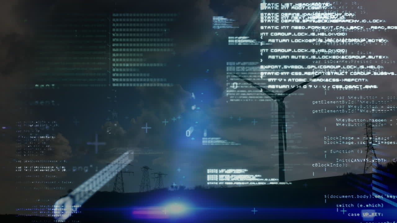 animazione dell'elaborazione dei dati su turbine eoliche e piloni