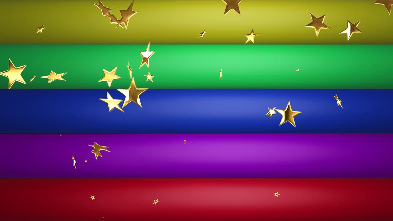 무지개 줄무와 색상 위에 금색 별의 애니메이션이 원활한 루프로 움직입니다.