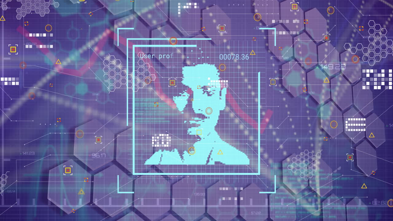 Animation of changing profile icons and data processing against hexagonal shapes on blue background