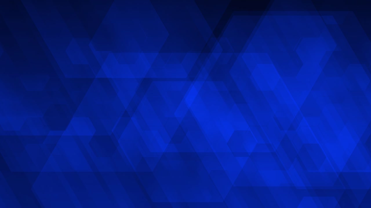 Animación a cámara lenta con formas geométricas hexagonales y triangulares superpuestas, fondo azul oscuro, fondo de pantalla digital con rejilla de panal