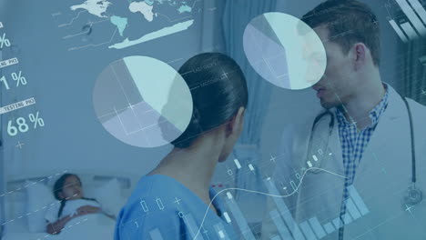 Animation of data processing and diagrams over diverse doctors with patient in hospital