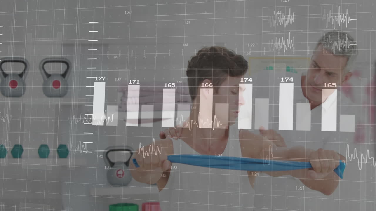 Trainer guiding client pulling resistance band in gym, showing digital fitness analytics