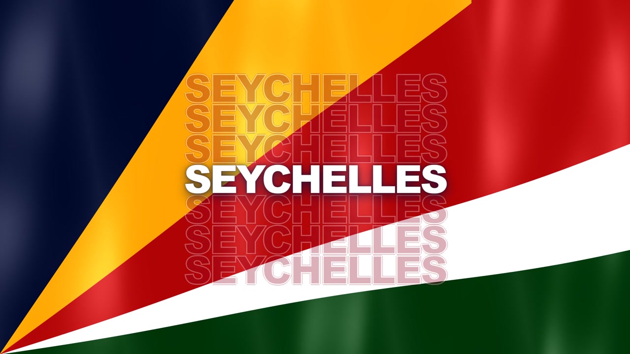 Radiating Five Colored Bands Blue, Yellow, Red, White, Green National Flag Of Seychelles Displaying Overlay Text.