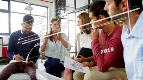 discussing business strategy, diverse team in modern office with timeline animation