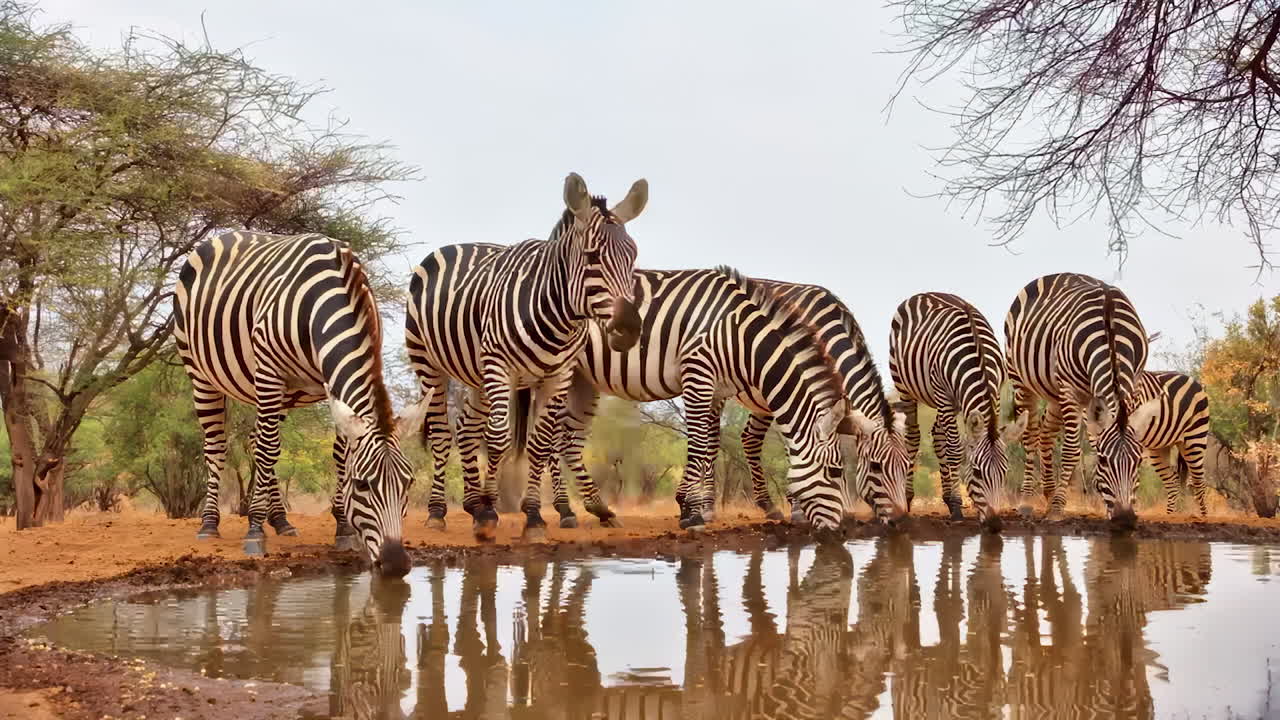 En tørstig flok vilde zebraer drikker sammen ved et naturligt vandhul