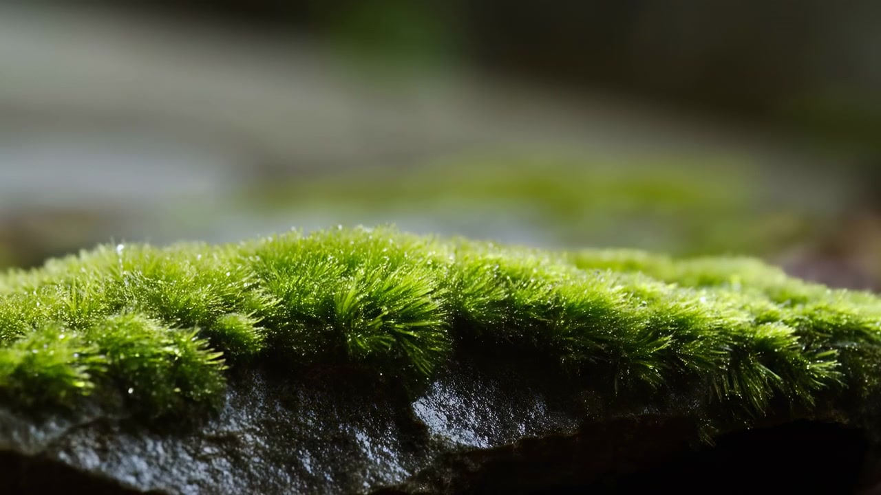 Vista macro di ciuffi di muschio verde brillante che crescono lungo la superficie superiore di una roccia scura e ruvida. Umidità e rugiada brillano sul muschio e sulle chiazze di roccia bagnata sotto