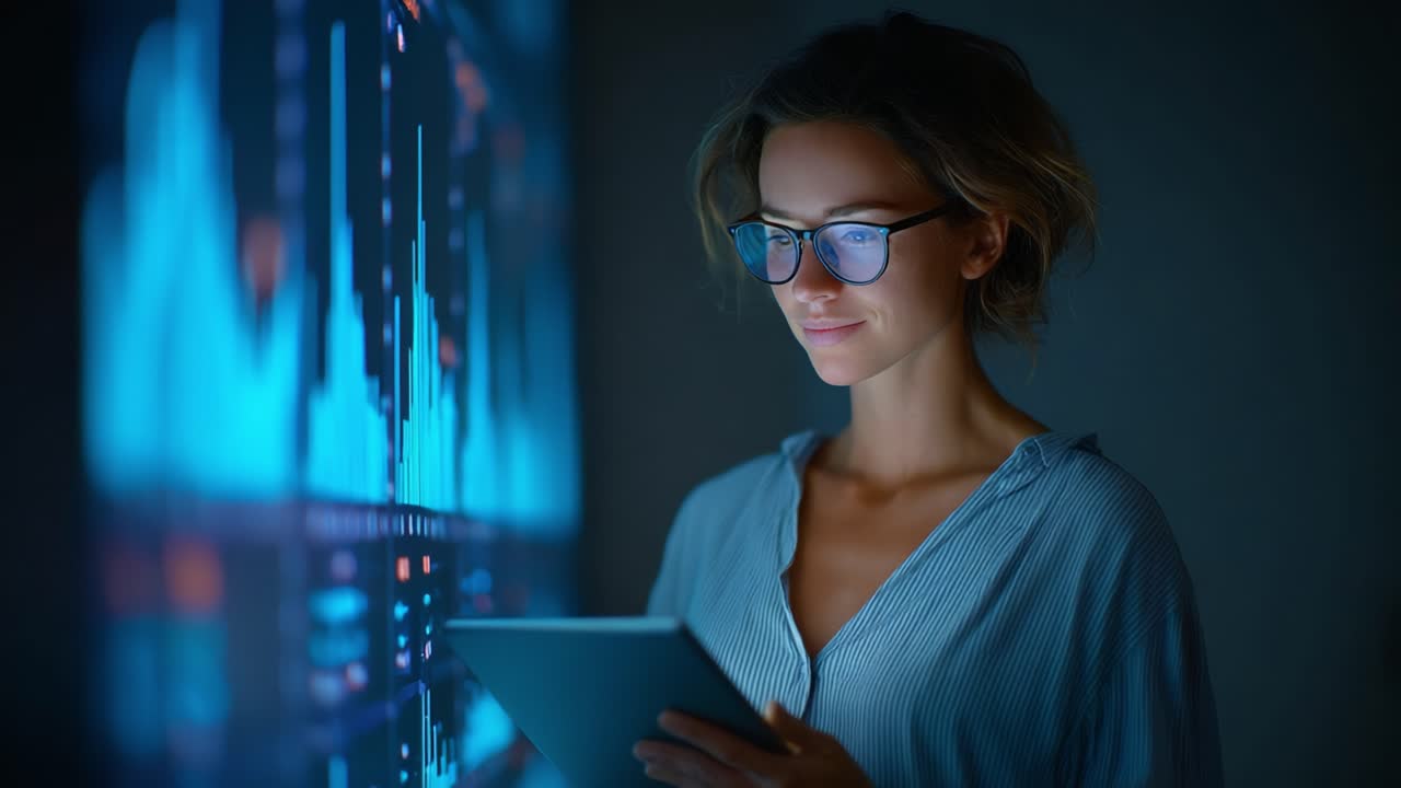 A focused young woman intently analyzing digital data on a tablet while illuminated by vibrant graphs, exemplifying the intersection of technology and information analysis