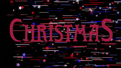 animación de texto de navidad sobre estrellas rojas, blancas y azules sobre fondo negro
