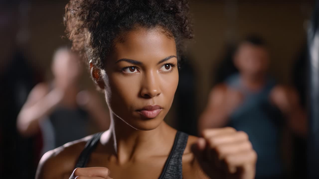 Determined Female Fighter Ready for Action in a Gym Setting, Exhibiting Focus and Strength While Preparing to Spar or Compete with Opponents in the Background