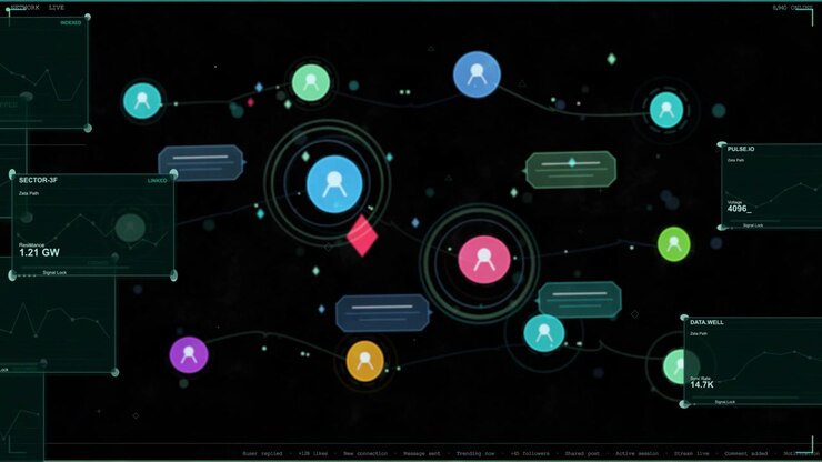 Central network map animating after data pulse, nodes pulsing, diamonds moving to show activity