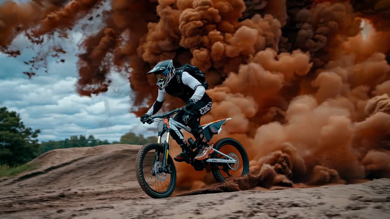 Foto dinâmica em ângulo baixo de um ciclista correndo em meio a uma nuvem de poeira dramática