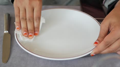 woman cleaning a plate with napkin