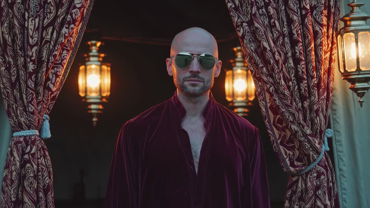 Mysterious bald man wearing sunglasses and an elegant burgundy velvet shirt poses confidently between patterned curtains in a tent illuminated by warm lanterns