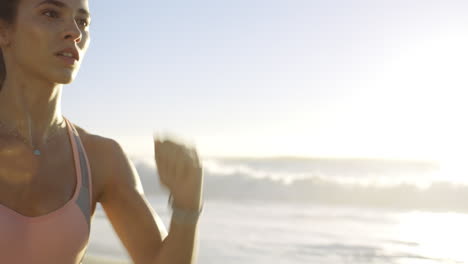 Fitness,-beach-and-woman-running-for-cardio