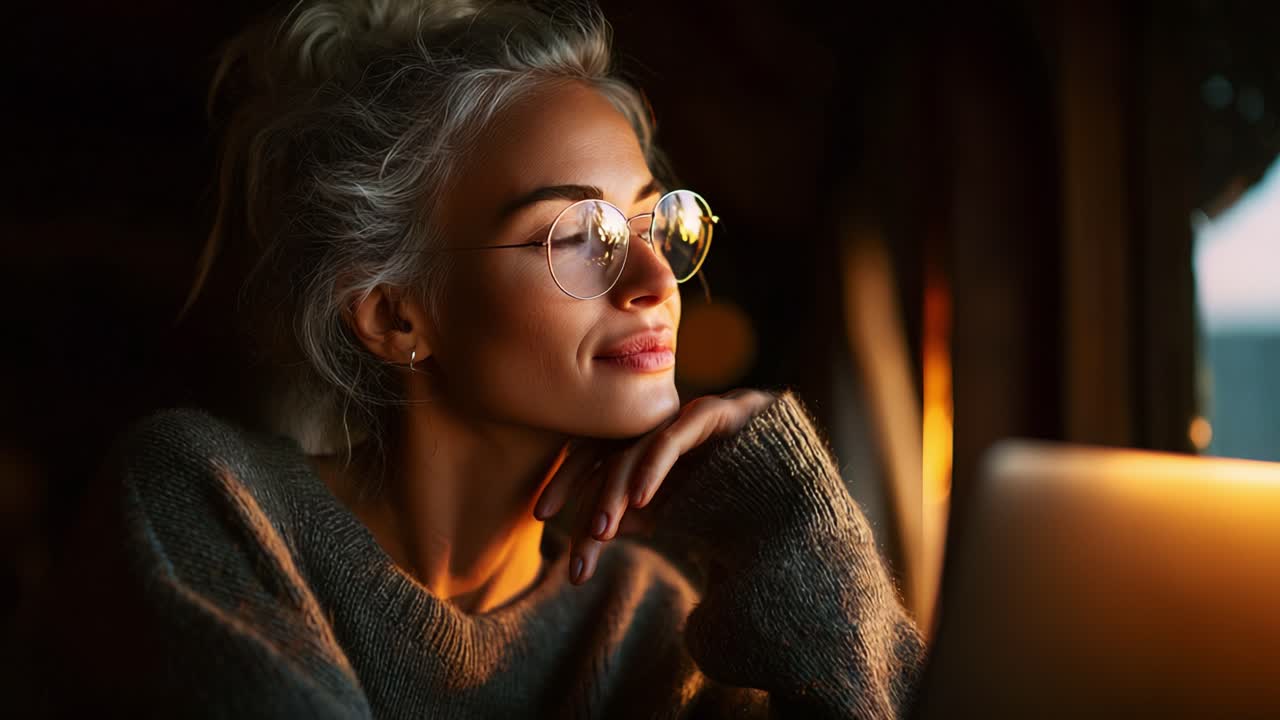 A contemplative moment captured in warm evening light, featuring a woman with silver hair and glasses, reflecting on her thoughts while gazing out the window