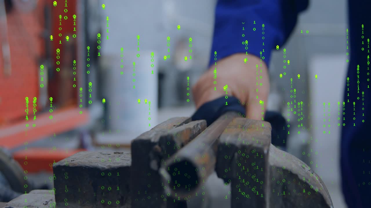 Hand entering above vise tube, wiping, sliding cloth cleaning hollow end under green binary overlay