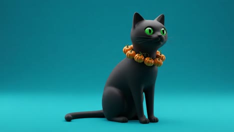 a playful black cat adorned with a pumpkin necklace on a vibrant blue background, showcasing its whimsical charm and festive spirit in a stunning 3d art design