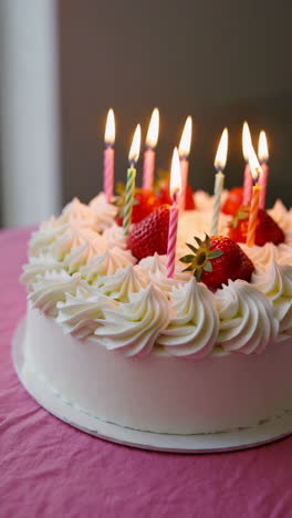 birthday cake with lit candles and strawberries