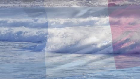 Animación-De-La-Bandera-De-Francia-Ondeando-Sobre-El-Paisaje-Marino.