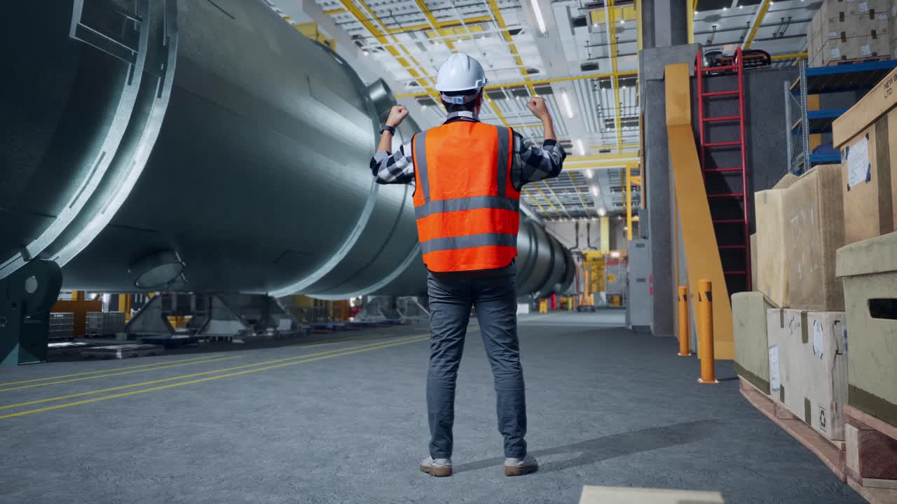 ingeniero celebrando el éxito en una instalación de fabricación