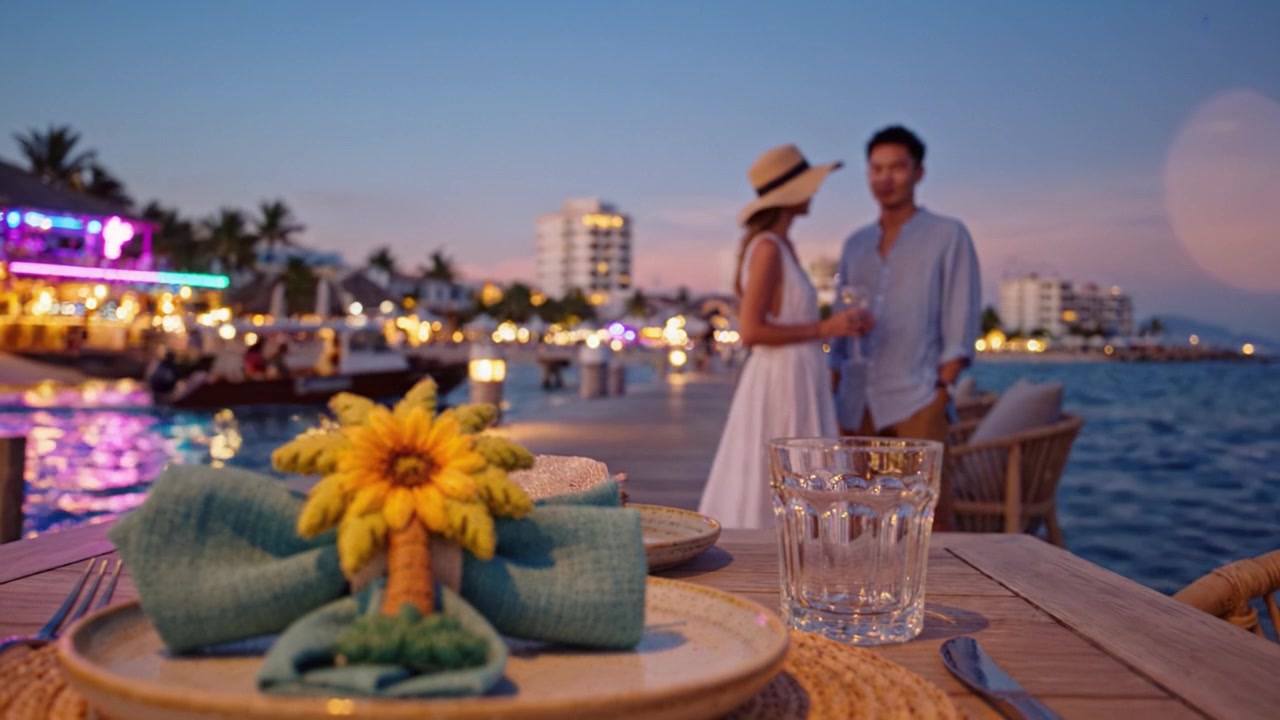 Experiência Gastronômica Romântica à Beira-Mar com um Ambiente Animado e um Lindo Pôr do Sol Sobre um Cenário de Restaurante à Beira-Mar