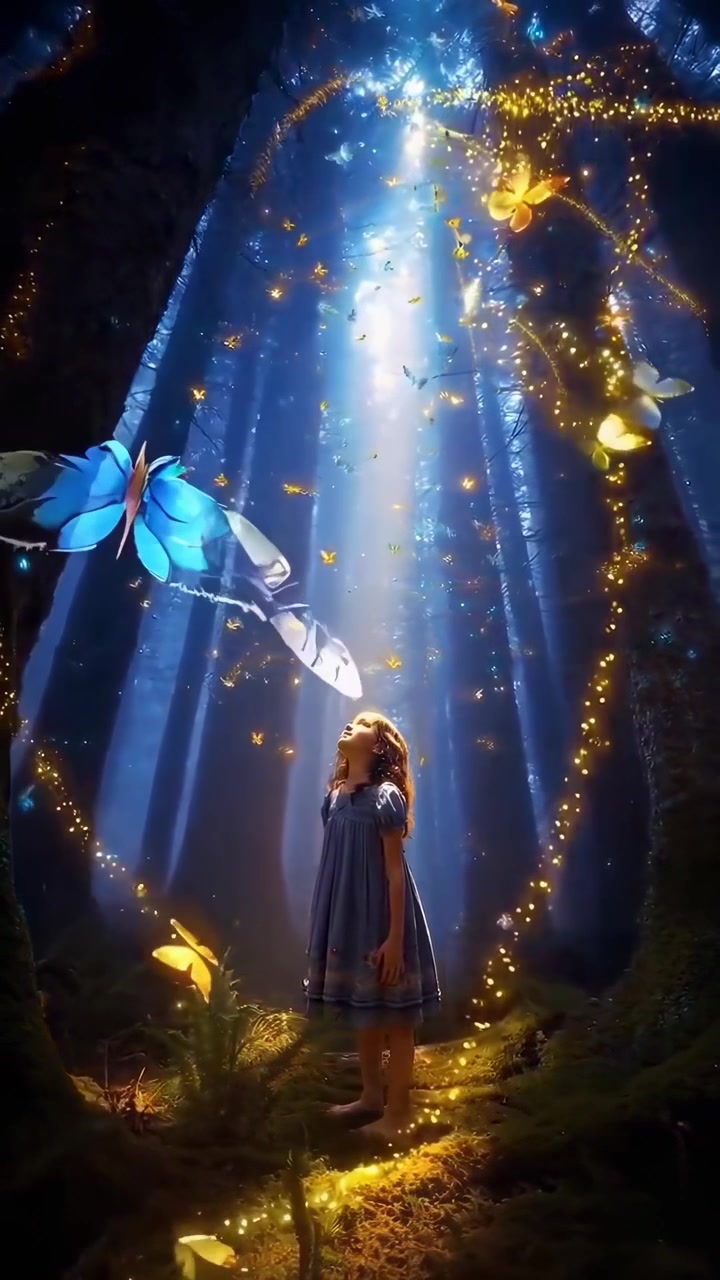 Giovane ragazza in piedi in una foresta magica con farfalle luminose