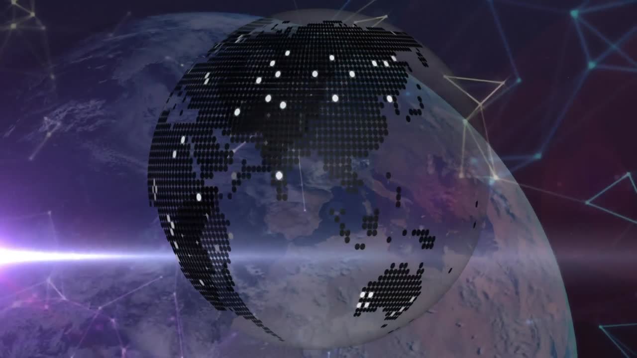 Animation of digital globe with glowing points turning over network of connections and planet