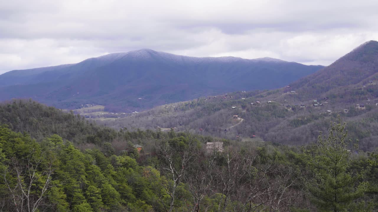 Wide shot of The Great Smoky mountains from an overlook.