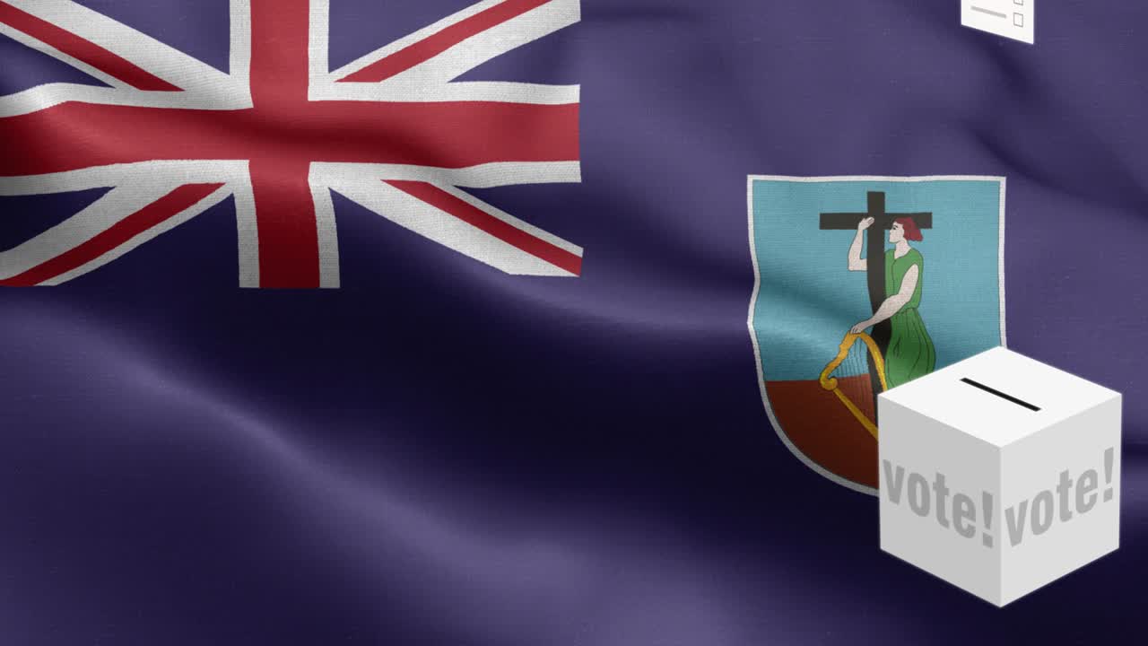 몬테세라트 선택을 위한 투표용지 - 발 앞에 있는 투표함 - 선거 - 투표 - 몬테 세라트의 발 - 몽테세라트의  발 높은 세부 사항 - 국가 발 몬테스라트 파동 패턴 루프 가능한 요소 - 직물 질감과 끝없는 루프