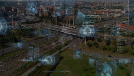 animación de escáneres redondos y procesamiento de datos frente a una vista aérea del paisaje urbano