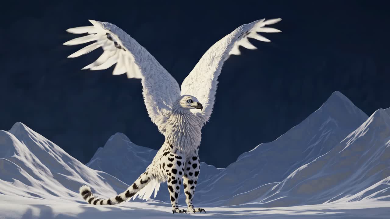 Mythical White Griffin in Snowy Mountains