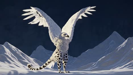 mythical white griffin in snowy mountains