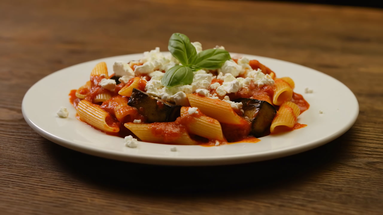 Closeup Pasta With Tomato Sauce On White Plate Over Wooden Table, Topped With Roasted Eggplant, Crumbled