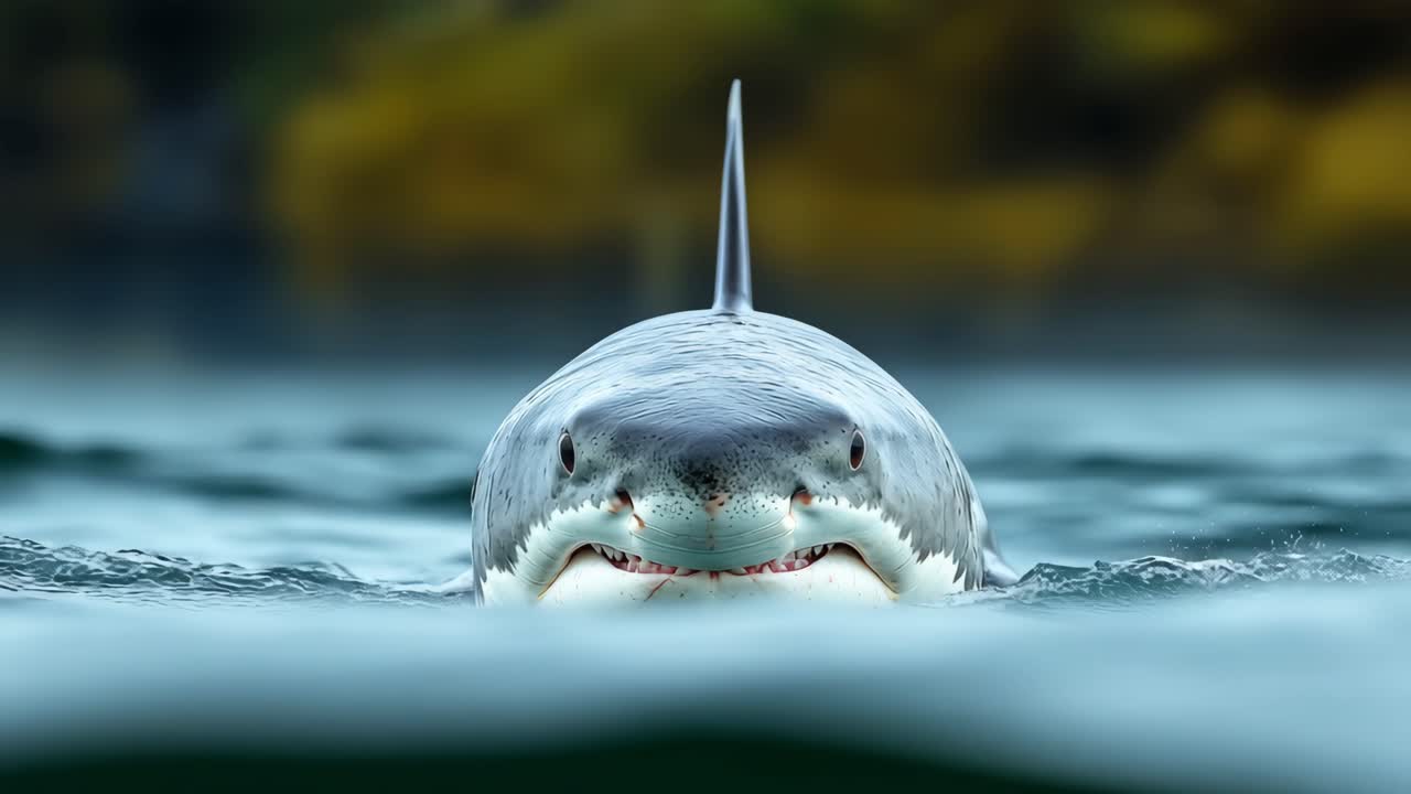 Shark swimming near the water surface. Large shark approaches the surface of the water with a focused expression in a clear ocean setting during daylight.