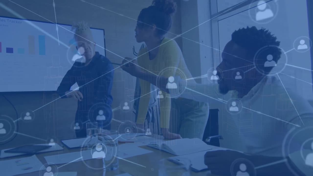 Animation of connections with digital icons over diverse business people in office