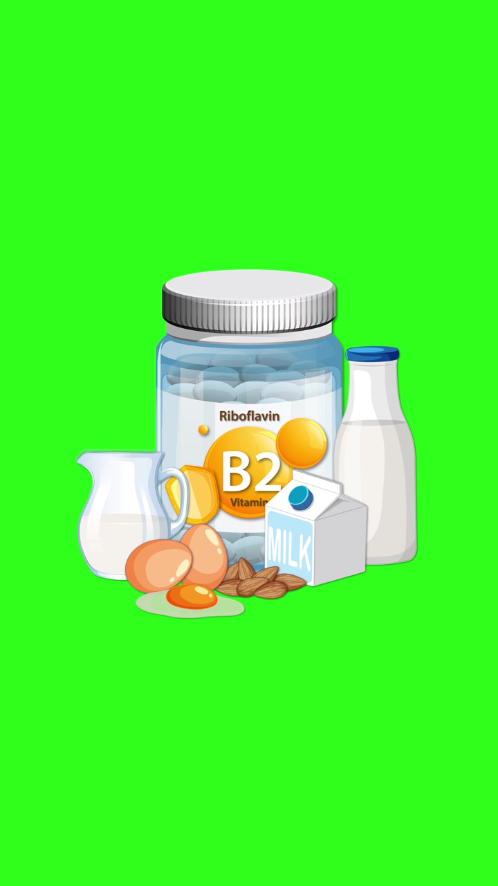 Botol Vitamin B2 muncul dengan telur, susu, dan produk olahan susu di latar belakang hijau cerah, transisi mulus.