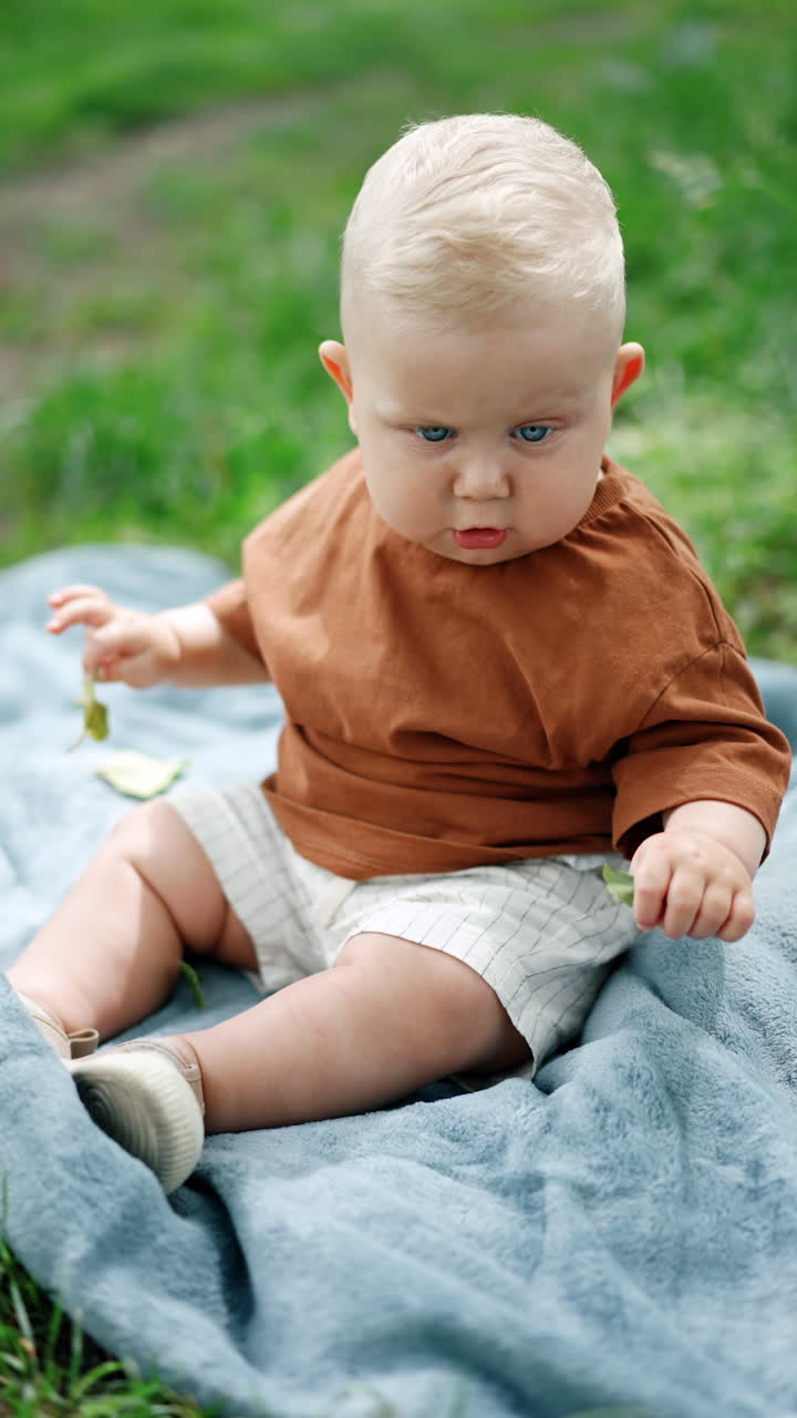 Beautiful blond baby boy sits on the blue plaid outdoors. Cute toddler holds the leaves in his hands showing them to camera. Vertical video.