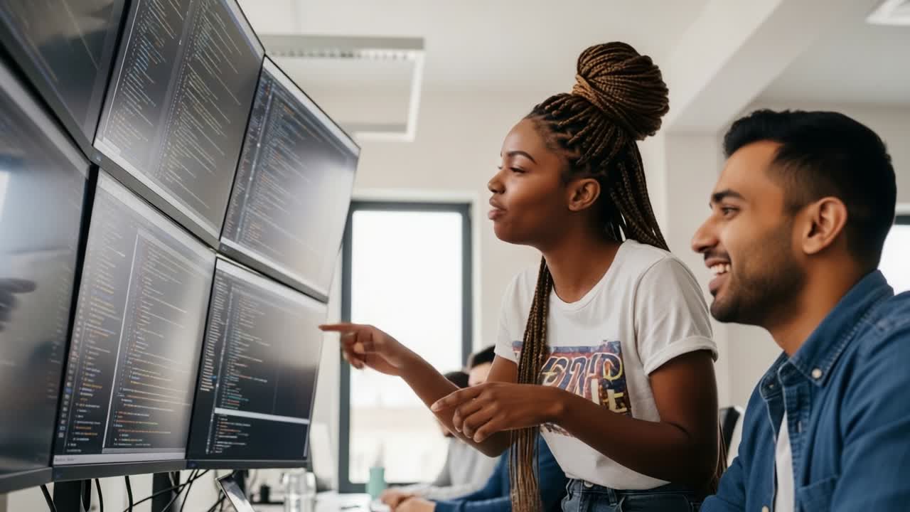 A Collaborative Moment in Coding: Two Professionals Engage in a Dynamic Interaction Over Complex Data Displays in a Modern Workspace, Encouraging Learning and Teamwork through Visualization Techniques