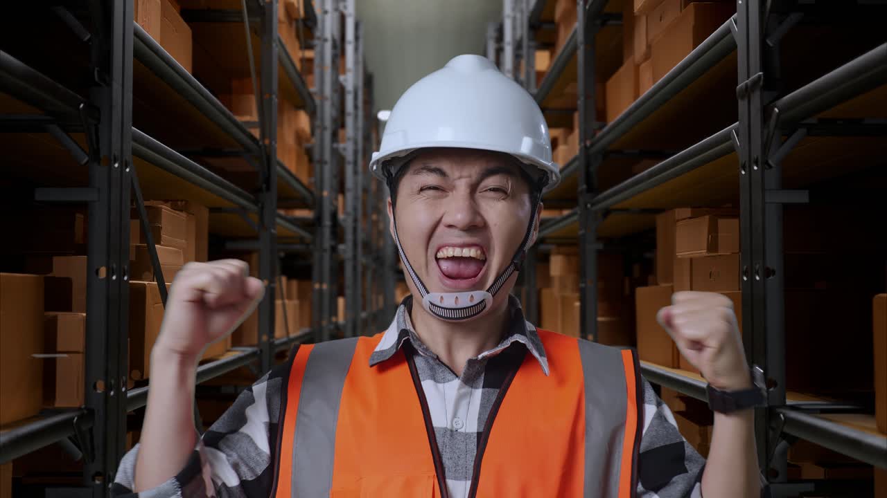 성공을 축하하는 행복한 창고 노동자
