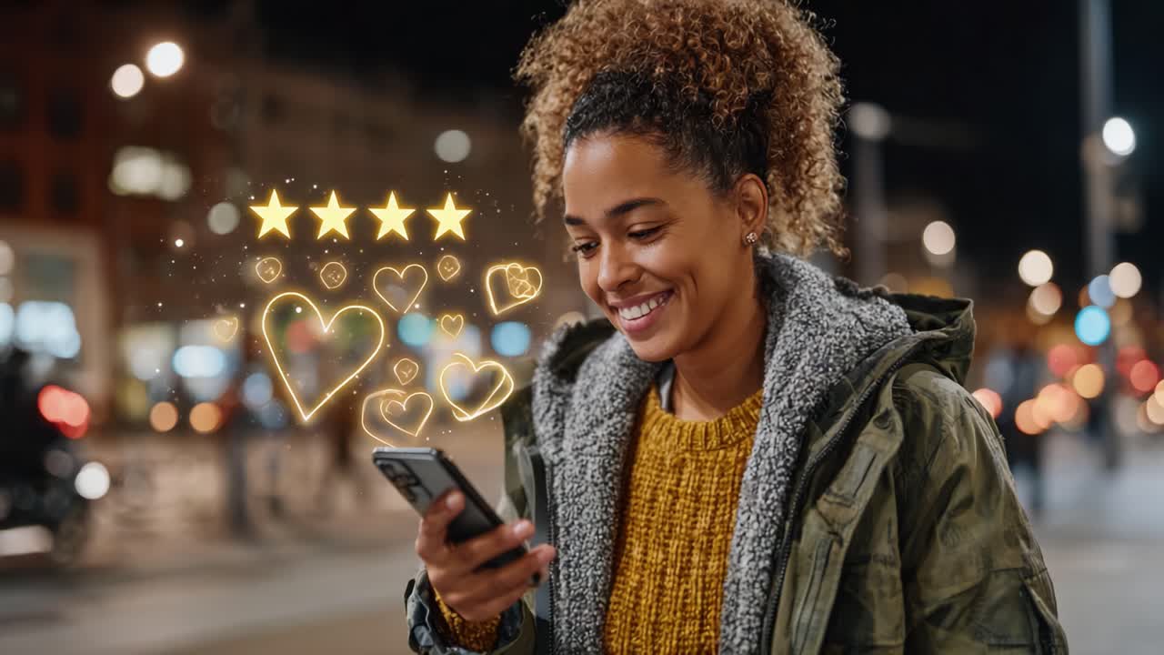 A Joyful Moment Captured: A Young Woman Smiling While Engaged with Her Smartphone Amidst a Vibrant City Night, Reflecting Positive Emotions and Connection