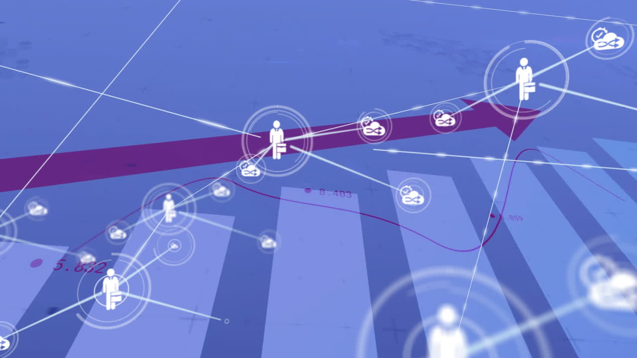 아이콘으로 연결된 네트워크를 통해 금융 데이터 처리의 애니메이션