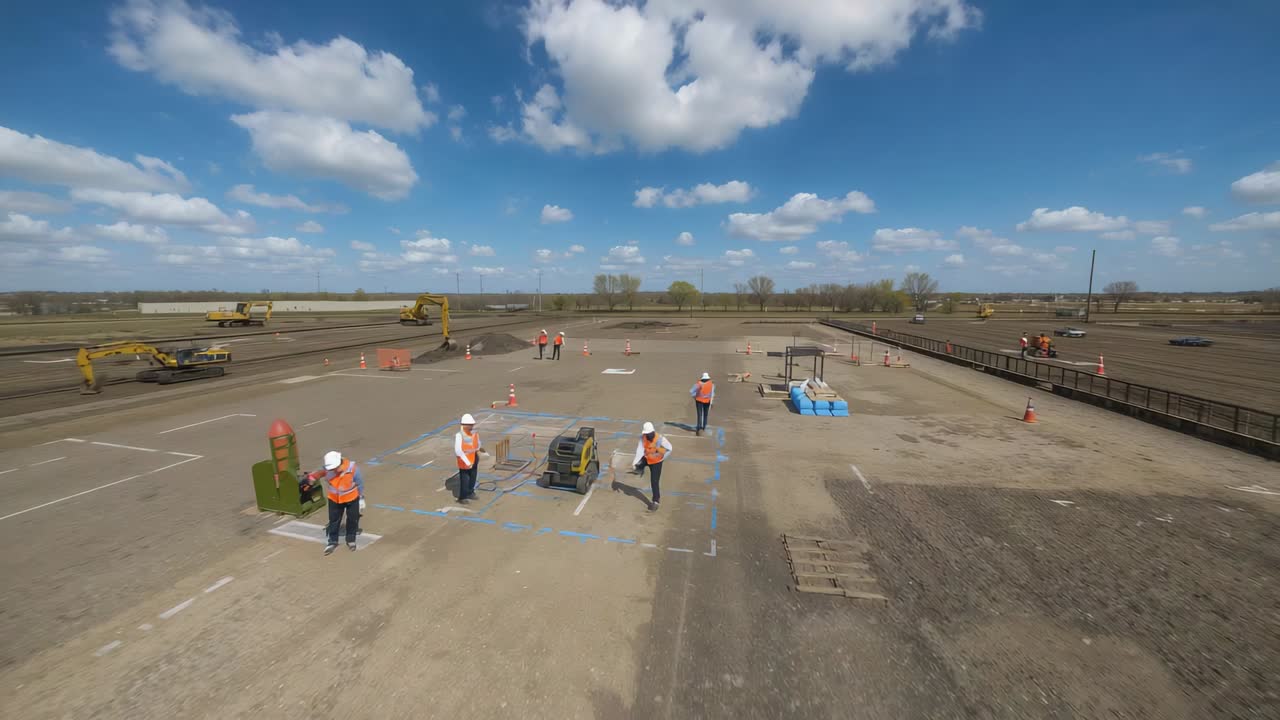 Reacting crew in hi-vis vests approaching marked zone after briefing at worksite, readying roller
