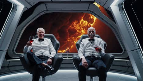 two men celebrating in a futuristic spaceship