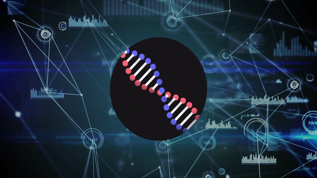 Red blue spheres appearing forming rods and spiraling into rotating DNA helix visualizing data