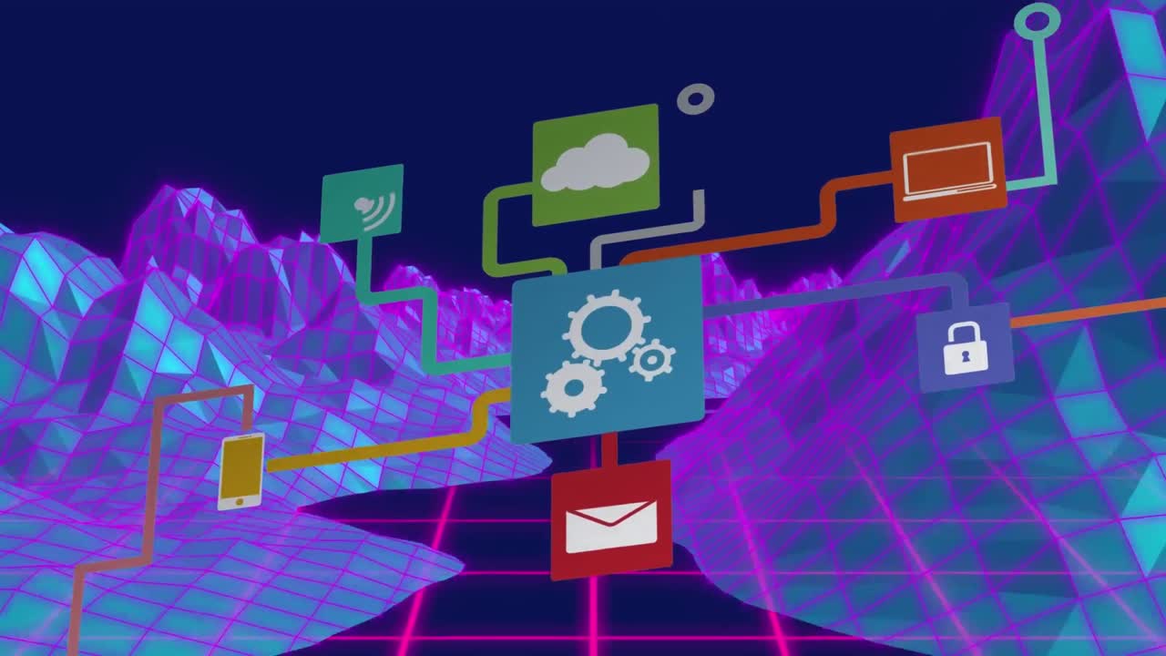 Animation of network of digital icons over metaverse structures and grid network on blue background