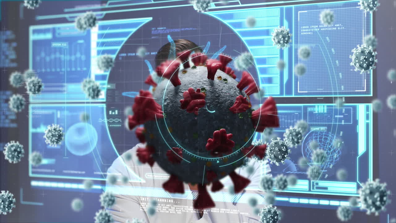 interfaz digital con células de covid-19 y procesamiento de datos contra el pensativo médico caucásico masculino