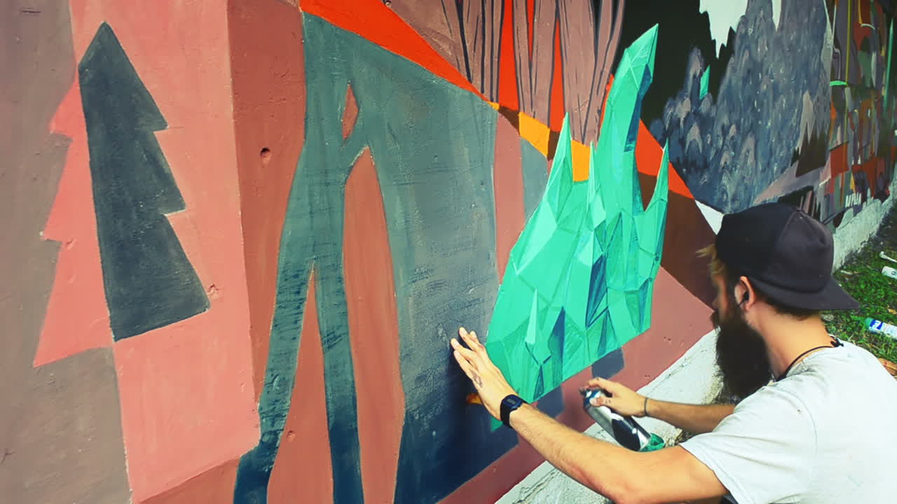 L'artista realizza graffiti su una recinzione. Disegno astratto