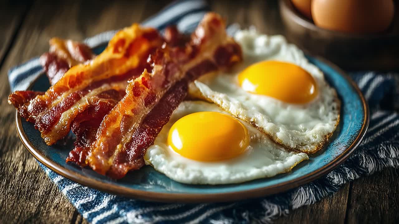 Delizioso Piatto per la Colazione con Pancetta Croccante e Uova all'Occhio di Bue Perfettamente Cotte, Servito su un Tavolo di Legno Rustico per un Invitante Pasto Mattutino