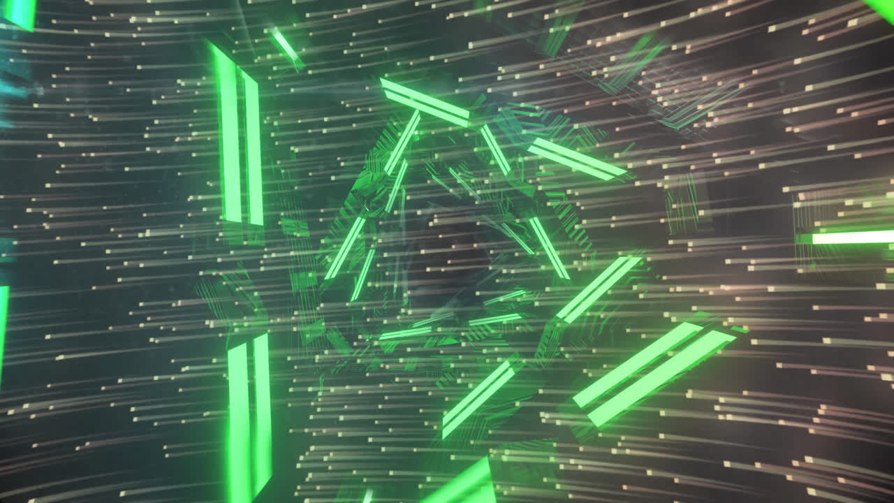 Animation of glowing light trails and green neon shapes moving over black background