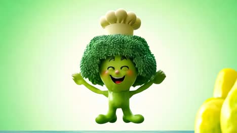 a broccoli character with a chef hat on his head